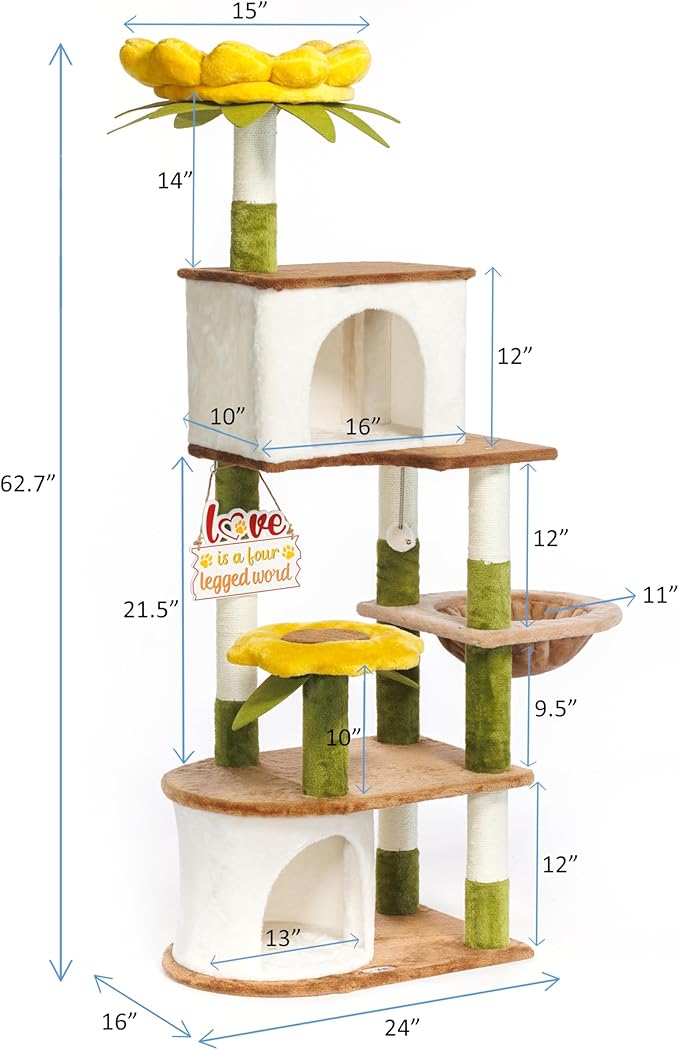HYABi 62.7 Inch Tall Flower Cat Tree Tower Condo Climbing for Indoor Cats Multi Level with Sisal Scratching Post Hammocks Pet House Play Home Furniture Platform