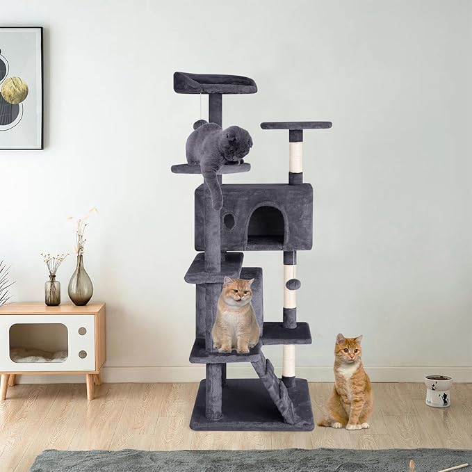 Cat Tree 53 inches Cat Tower for Indoor Cats Cat House with Replaceable and Removable Dangling Ball Cat Trees and Towers with Funny Toys, ASHY