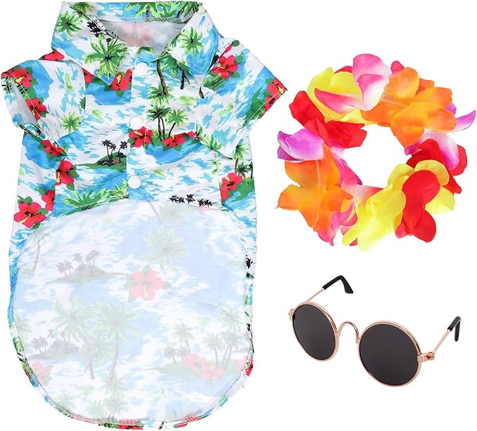 3 Pcs Dog Hawaiian Costume Set Includes Shirt Sunglasses Wreath Dog Outfit Pet Costume for Small Medium Pet Party Summer