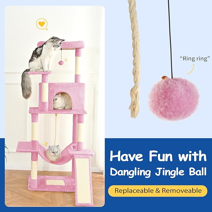 Cat Craft Cat Tree 63 Inch Cat Tower for Indoor Cats, Multi-Level Cat Tree for Large Cats 20 lbs+ Heavy Duty Cat Tower with Sisal Scratching Posts, Hammock, Condo and Extended Platform, Pink