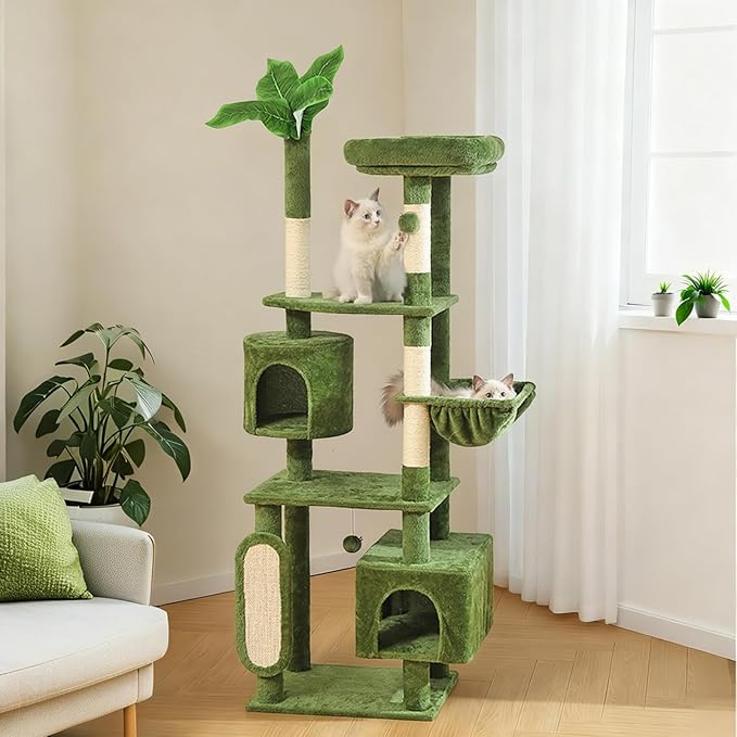 Hoopet 70-Inch Large Cat Tree for Multiple Cats Cat Tower with 2 Condos, Scratching Posts, Hammock & Platform, Plush Perch for Indoor Activity Relaxing Easy Assembly Green
