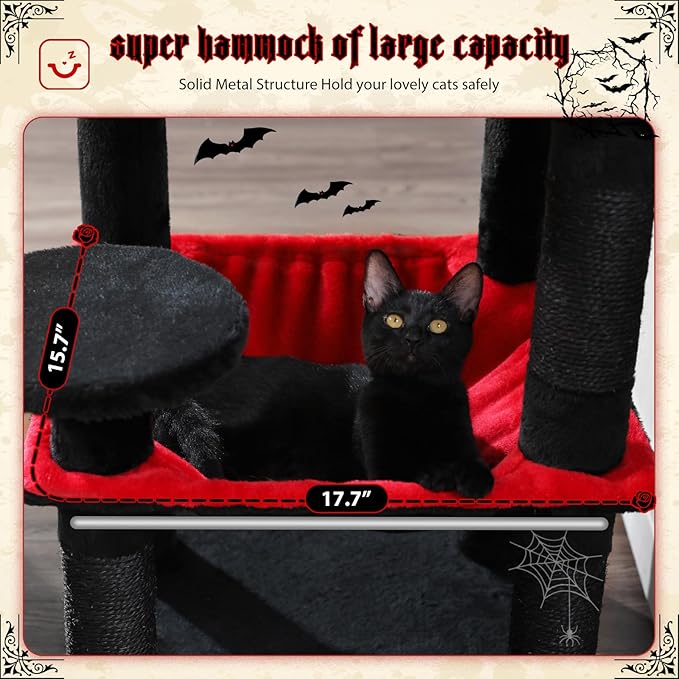 PETEPELA 45.7" Gothic Cat Tree for Indoor Cats, Cat Tower for Large Cats with Metal Frame Large Hammock (17.3"x15.3"), Cat Condo with (18.5"x13") Big Top Perch & 4 Sisal Covered Scratching Posts,Black