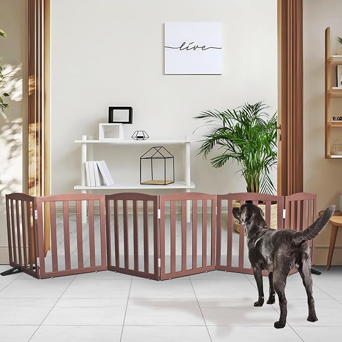 Freestanding Dog Gate Indoor,Doggie Gate Foldable Pet Gates for Doorways,Stairs or Hallways, Wooden Brown Pet Gate for the House, Pet Fence with Support Feet Included,24 "Height-6 Panels