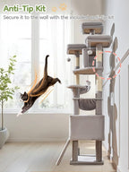 Taoqimiao 76-Inch Cat Tree XXL for Large Cats, Giant Cat Tower with Scratching Board, Extra-Large Metal Hammock, 3 Perches, 7 Sisal Posts, 2 Big Condos, Hanging Basket, Light Gray, MS047W