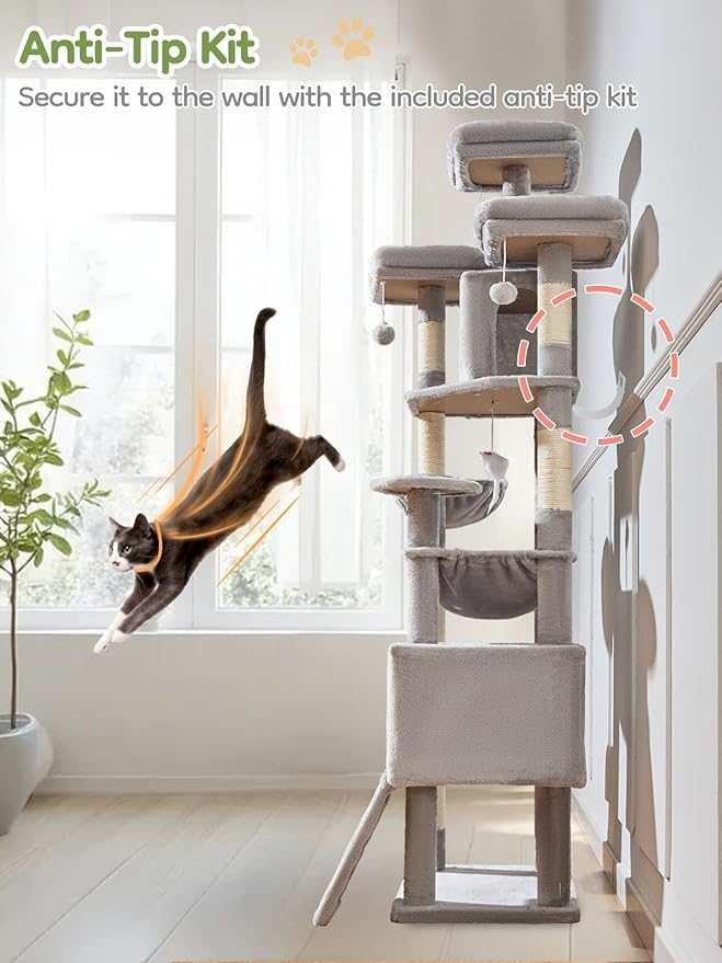 Taoqimiao 76-Inch Cat Tree XXL for Large Cats, Giant Cat Tower with Scratching Board, Extra-Large Metal Hammock, 3 Perches, 7 Sisal Posts, 2 Big Condos, Hanging Basket, Light Gray, MS047W