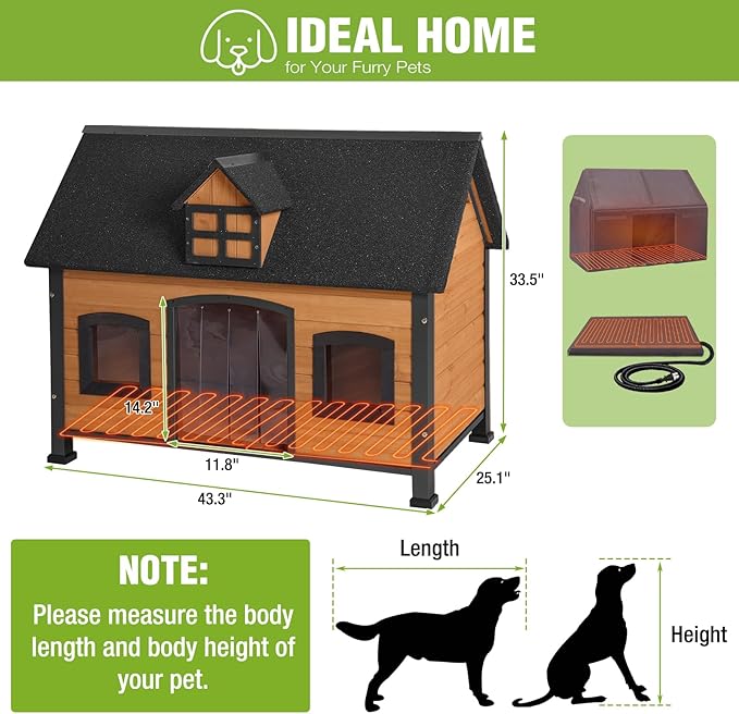 GUTINNEEN Heated Dog House Outdoor Insulated Dog Shelter with Metal Frame and Weatherproof Design, Wooden Dog Kennel for Outside, Puppy Cage for Winter Indoor