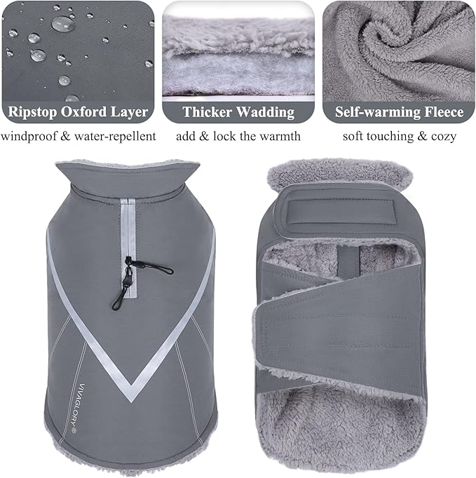 VIVAGLORY Snowrap Dog Coat, Jacket with Harness Hole, Dog Coat for Winter & Cold Weather, Fluffy Warm Fleece Lined Reflective Water Resistant for Puppy, XXS, Grey