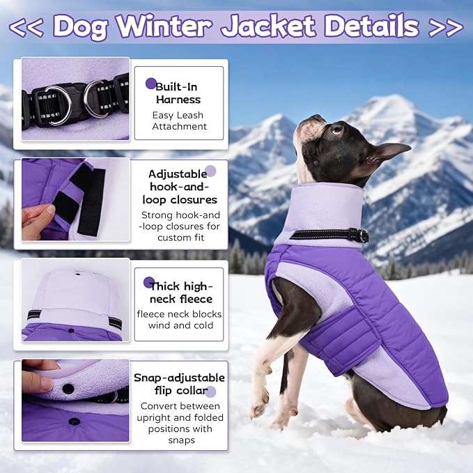 BRKURLEG Dog Coat, Turtleneck Winter Jacket with Harness for Small Medium and Large Dogs, Windproof Reflective Warm Fleece Dogs Snowsuit with Hook & Loop, Dog Coats for Cold Weather, Purple L