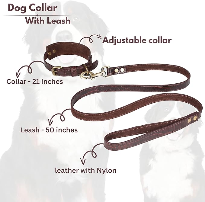 Lightnpro Genuine Leather Dog Collar & Leash Set - Adjustable 18" Collar with Metal Buckle & Reinforced Nylon Leash - Durable Walking & Training Gear for Large Breeds