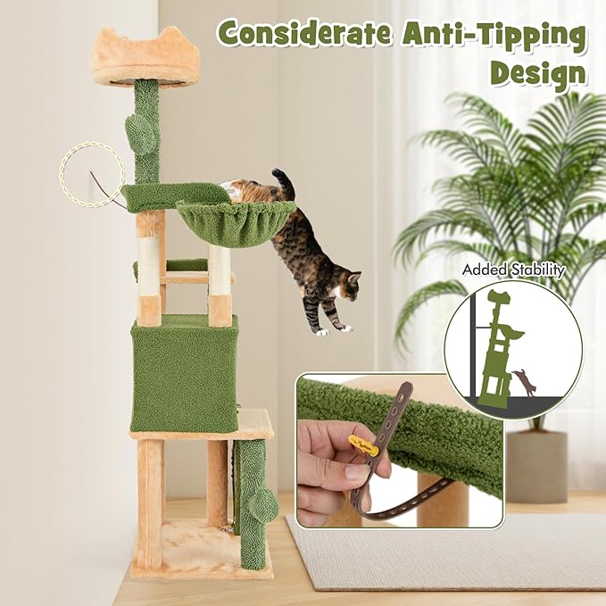 PETSITE 63 inch Cactus Cat Tree, Multi-Level Tall Cat Tower with Sisal Scratching Posts and Board, Comfy Condo, Rotatable Basket, Hanging Toys, and Anti-tipping Device, Modern Cat Tree for Indoor Cats