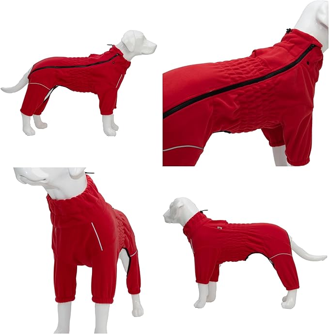 Lovelonglong Warm Dog Coat, Windproof Dog Jacket for Small Medium Large Dogs, 4 Legged Fleece Dog Winter Coat Zippered Closure Dog Outdoor Jacket Red M