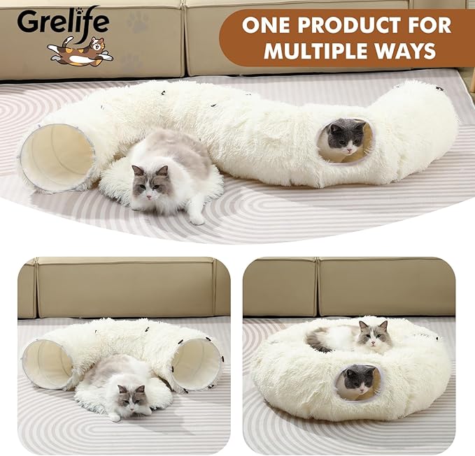 Grelife Cat Tunnel Bed for Indoor Cats, Cute Cat Tunnel Toys, Cat Donut Tunnel Toys with Washable/Removable Cushion, Non-Slip Base, for Cats, Kittens, Small Pets (White)