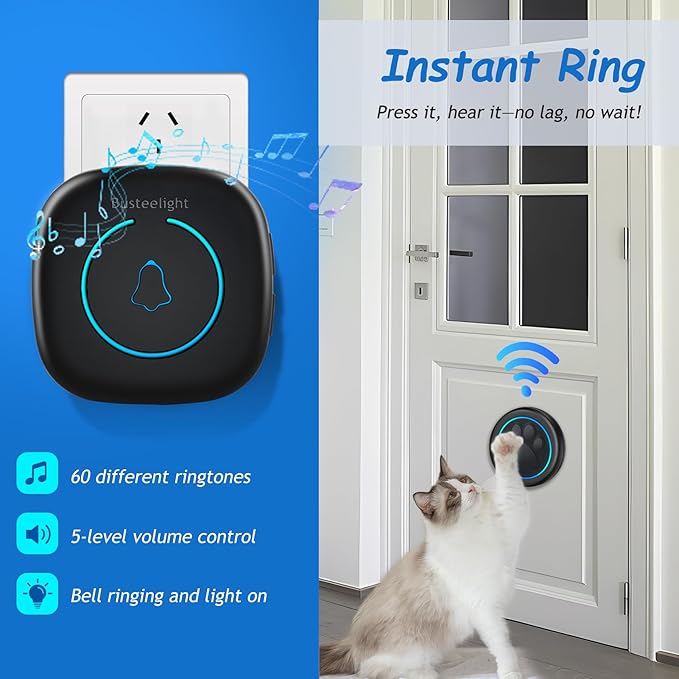 Soft Ring Blk Dog Bells to Go Outside - Wireless Dog Door Bell with 1000ft Range, 60 Melodies, LED, Waterproof Potty Training Bell for Dogs - Dog Door Bells for Potty Training(2 Receivers & 1 Bell)