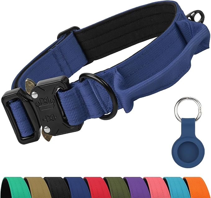 Joytale Tactical Dog Collar for Medium Dogs with Control Handle, Heavy Duty Military Training Collar for Power Breeds, AirTag Holder Case, Quick Release Metal Buckle, Soft Padded, M, Navy Blue