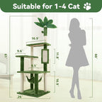 61" Large Cat Tree Tower for Indoor Cats with DIY Green Leaves Scratching Post Multi Soft Hang Ball Plush Cat House Furniture 360° Rotating Cat Scratch Board with Hammock, Green
