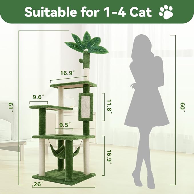 61" Large Cat Tree Tower for Indoor Cats with DIY Green Leaves Scratching Post Multi Soft Hang Ball Plush Cat House Furniture 360° Rotating Cat Scratch Board with Hammock, Green