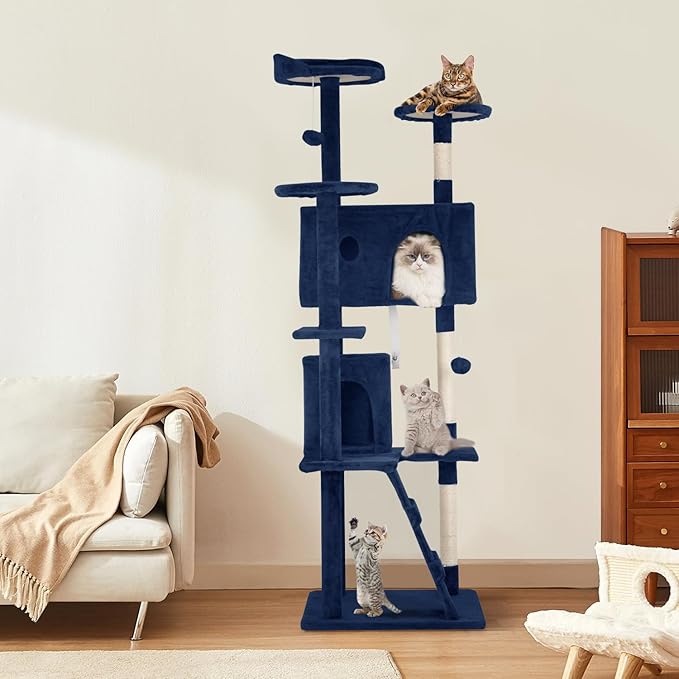 Cat Tree 69.3 inches Cat Tower for Indoor Cats Cat House with Replaceable and Removable Dangling Ball Cat Trees and Towers with Funny Toys, Navy Blue
