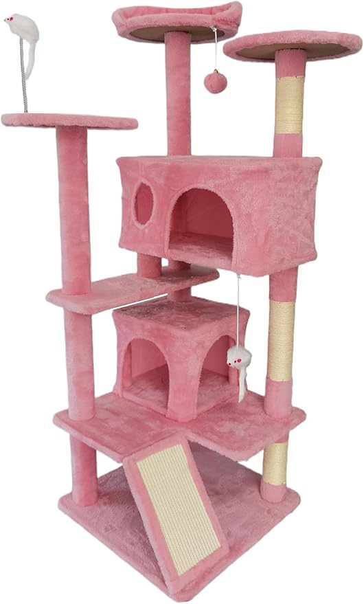 Cat Tree Tower for Indoor Cats,Cat House with Sisal Scratching Post,Multi-Level Cat Condo and 3 Large Platforms (Pink)
