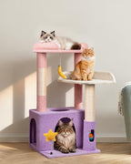 31" Cute Cat Tower for Indoor Kittens with Cat Condo, Plush Platform, Hammock, Sisal Scratching Posts, Dangling Ball, Tall Cat Tree Tower with Self-Grooming Brush (Moonlit Violet)