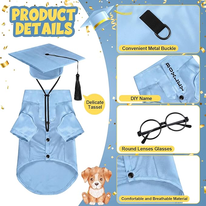 5 Pcs Dog Graduation Costume Set Include 2026 Pet Graduation Gown with Stole Puppy Grad Cap Lensless Glasses DIY Letter Stickers for Dogs Cats Holiday Costume Accessory(Light Blue,L)