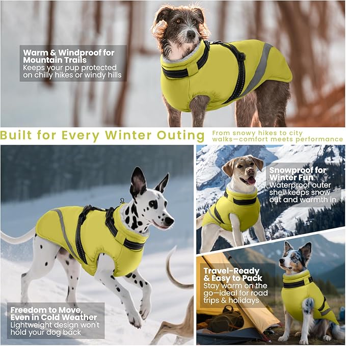 QBLEEV Large Dog Coat, Big Dog Winter Jacket for Large Dogs, XXX-Large Waterproof Cold Weather Snow Vest with Zip & Reflective, Windproof Built-in Harness Warm Fleece Snowsuit Clothes, Green, XXXL