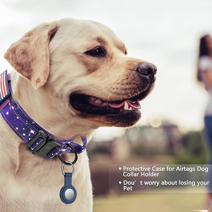 DAGANXI Tactical Dog Collar, Adjustable Military Training Nylon Dog Collar with Control Handle and Heavy Metal Buckle for Medium and Large Dogs, with Patches and Airtags Case (XXL, Purple Sky)