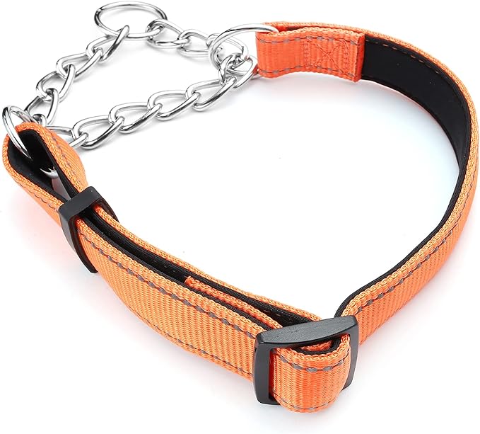 Martingale Dog Collars Adjustable Soft Nylon Reflective Collars with Stainless Steel Chain Walking Training Collars Heavy-Duty Puppy Chain Collars for Small,Medium,Large Dogs(Orange,L)