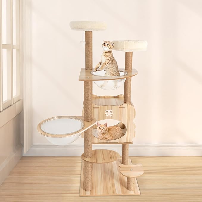 Wood Cat Tree - 54 -Inch Modern MDF Cat Tower for Indoor Cats,Multi-Level Houses for Large Cats with Scratching Posts, Brown