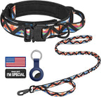 DAGANXI Tactical Dog Collar, Adjustable Military Training Nylon Dog Collar with Control Handle and Heavy Metal Buckle for Medium and Large Dogs, with Patches & Airtags Case (L, Colorful Triangle-Set)