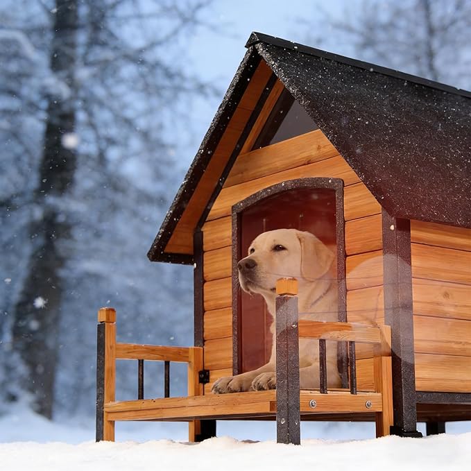 GUTINNEEN Outdoor Heated Dog House Insulated Dog Kennel with All-Around Metal Frame, Weatherproof Anti-Bite Dog Shelter with Porch, Wooden Puppy Home Indoor(Brown, 45’’ Medium)