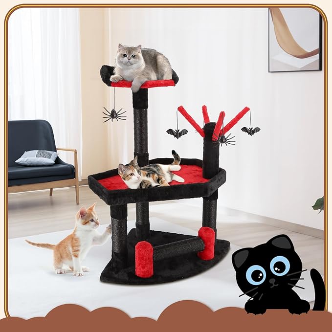 Nobleza Gothic Cat Tree with Coffin Bed, 24.4" Halloween Black Goth Cat Tree Tower for Indoor Cats, Spooky Cat Tree Stand Climber Pole with Hanging Spiders Bats for Kitten, Black Red, Small