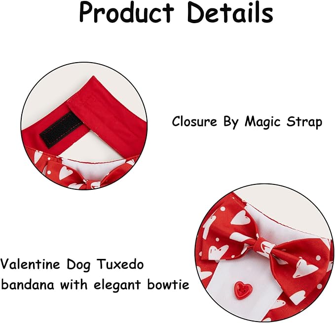 Valentine Dog Tuxedo Bandana with Bow Tie, Adjustable Tuxedo Style Heart Pattern Pet Costume for Dogs, XS to XL