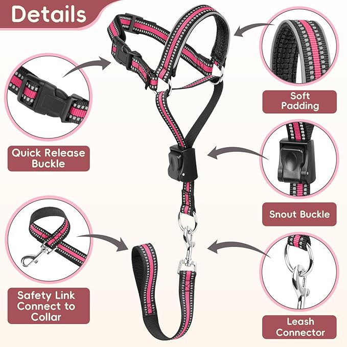 BARKLESS Soft Nylon Dog Head Collar for Large Medium Dog, Reflective Padding Head Halter for Training, Adjustable Muzzle Leash No Pulling, Jumping, Nose Leash Ideal for Walking (Pink, M)