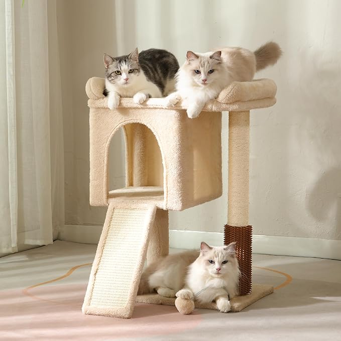 Small Cat Tree Tower for Adult Cats with Large Top Bed 20x13.8”Private Cat Condo,Sisal Scratching Post and Ramp and Self Groomer and Spring Ball-Beige