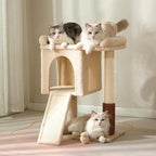 Small Cat Tree Tower for Adult Cats with Large Top Bed 20x13.8”Private Cat Condo,Sisal Scratching Post and Ramp and Self Groomer and Spring Ball-Beige