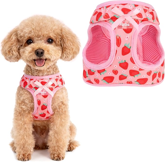 PUPTECK Dog Harness for Puppy and Small Sized Dogs, Step-in No Pull Soft Mesh Vest Harness for Cats Small Pets Walking, Pink Strawberry, New XXS