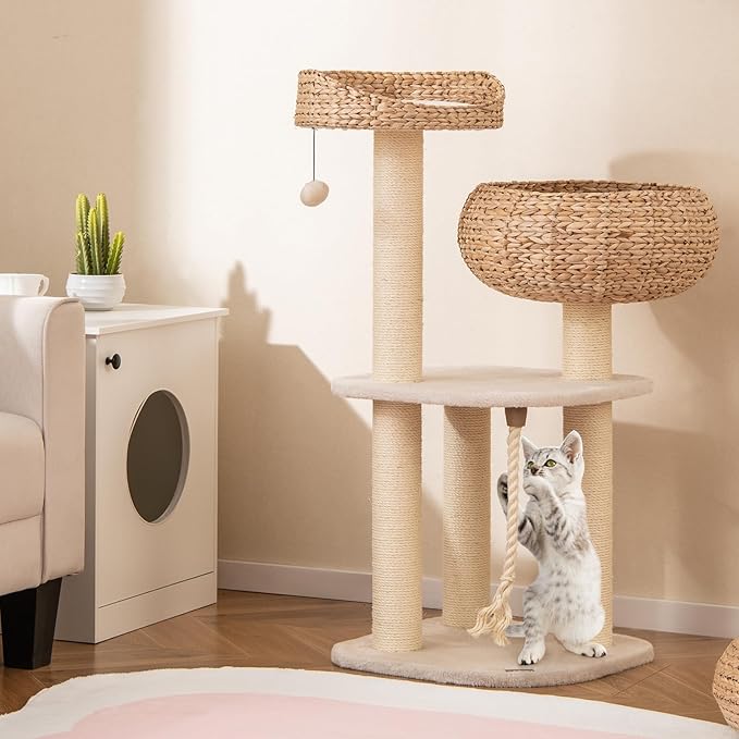 41 Inches Wicker Cat Tree, Modern Cat Tower with Handwoven Cat Condo & Perch, Scratching Post, Dangling Balls and Sisal Rope, Indoor Cat Tree Tower for Large Adult Cats 20 Lbs (White)
