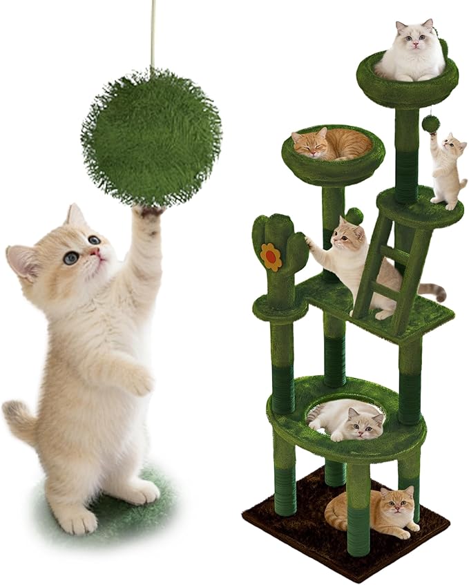 72in Cactus Cat Tree Tower – Transparent Capsule, Sisal Scratching Posts & Plush Perches | Multi-Level Adventure Center for Kittens & Large Cats, Sturdy & Stylish Home Decor (Green)
