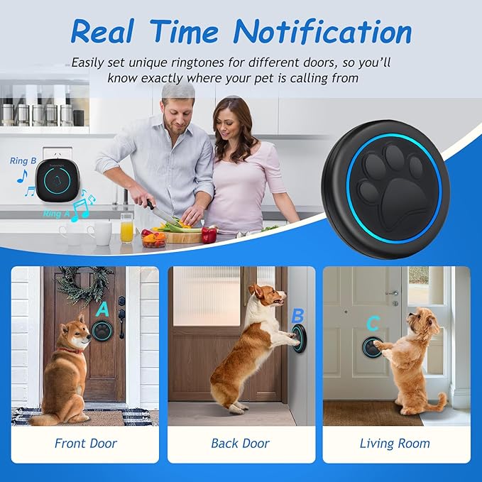 Soft Ring Blk Dog Bells to Go Outside - Wireless Dog Door Bell with 1000ft Range, 60 Melodies, LED, Waterproof Potty Training Bell for Dogs - Dog Door Bells for Potty Training(2 Bells & 1 Receiver)