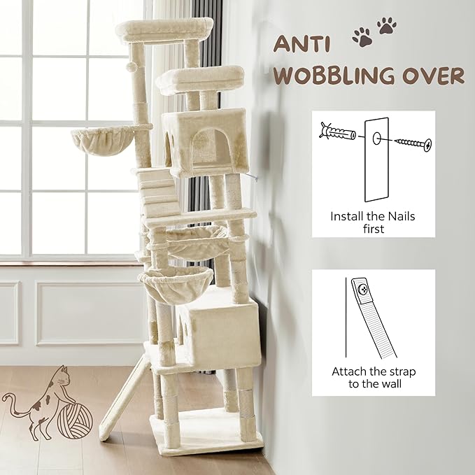 80 Inch Cat Tree, Large Cat Tower with 9 Scratching Posts, 2 Perches, 2 Caves, 2 Basket, 2 Stairs, Extra Large Hammock, Multi-Level Plush Cat Condo for Indoor Cats/Beige