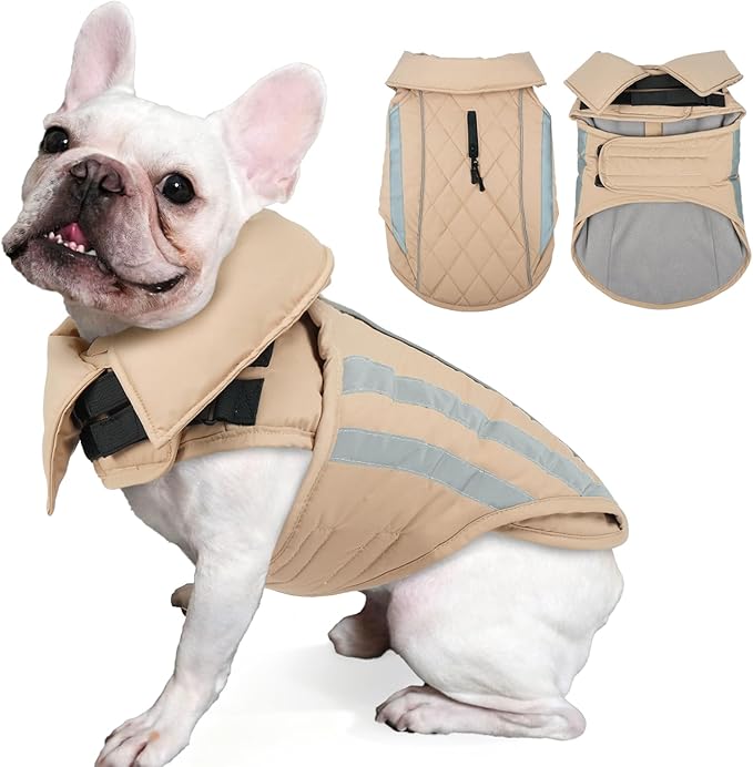 Large Dog Jacket Waterproof Warm Dog Winter Coats with Harness Hole Turtleneck Reflective Snowsuit Adjustable Fleece Coat for Dogs French Bulldog, Khaki L