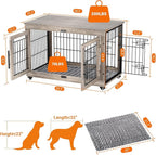 Dog Crate Furniture with Cushion, Large Wooden Dog Kennel Indoor with Double Doors, Dog Cage with Wheels, Dog House Side End Table for Large Medium Dogs up to 70 lb, 38.5” L, Grey