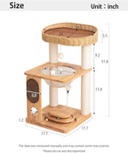Wood Cat Tree 31-Inch Sall Cat Tower with Scratching Post for Indoor Cats, Multi-Level Cat Condo with Hand-Woven Cat Bed and Acrylic Bowl Easy to Clean