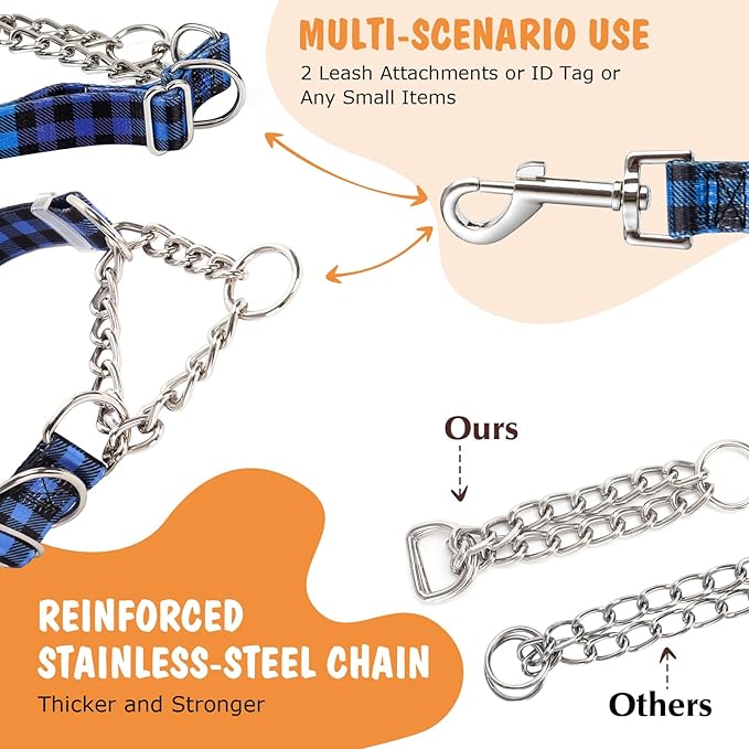 Martingale Dog Collar with Chain, No Pull Slip Cinch Choker Choke Collar Training Escape Proof Heavy Duty Dog Collar for Medium Large Extra Large Pet Dogs,Blue Plaid M