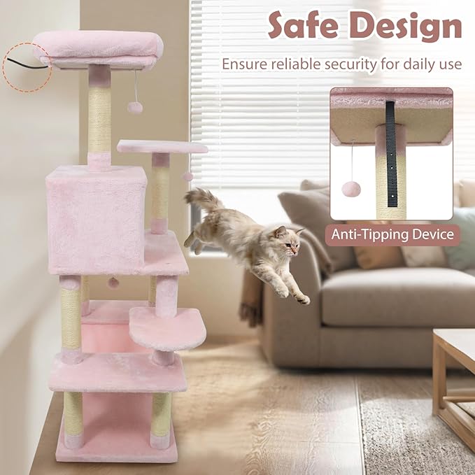 Tangkula 58 Inch Pink Cat Tree, Multi-Level Cat Tower with Sisal Scratching Posts, Padded Top Perch, Condo & Hammock, 3 Hanging Balls, Jumping Platforms for Indoor Cats (Pink)