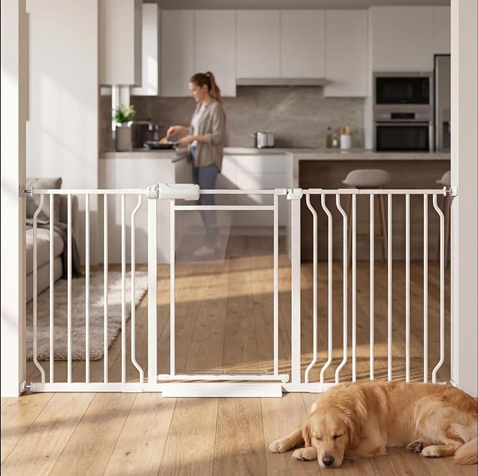 TSAYAWA Triple-Lock Acrylic Extra Wide Baby Gate 57.5"-65.74", Crystal Clear Transparent Pet Gate for Dogs, Heavy Duty Metal Gate for Doorways, Pressure Mount Child Safety Barrier, Auto Close, White