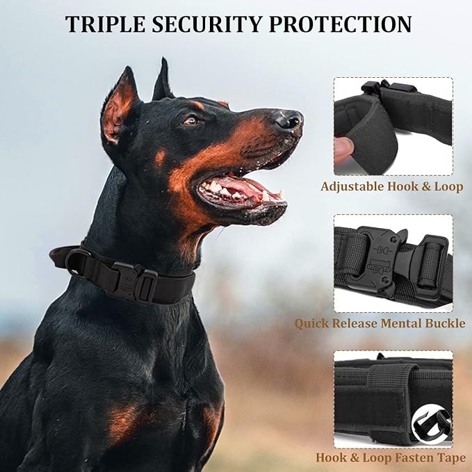 Tactical Dog Collar with Handle - Military Adjustable Dog Training Collar Soft Nylon and Heavy Duty Metal Buckle for Medium Large Dogs - with Patch (Black, Medium)
