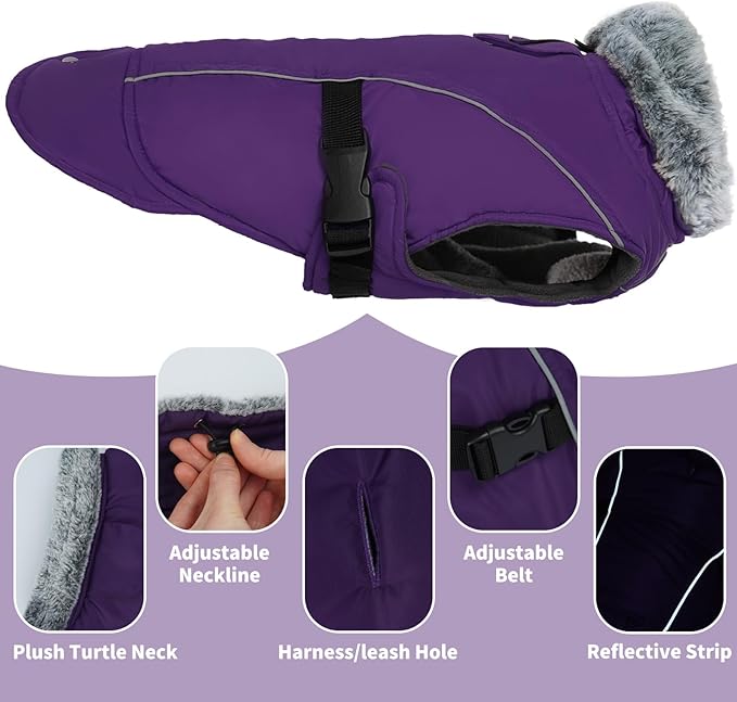 DENTRUN Winter Warm Dog Coat Reflective Jacket with Turtleneck for Cold Weather, Adjustable Buckle Windproof Water Repellent, Thick Snowsuit Fleece Vest for Small, Medium, Large Dogs, Purple, XXXL