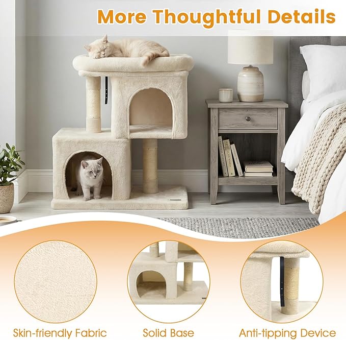 PETSITE 25.5-inch Small Cat Tree, Modern Multi-Level Cat Tower with 2 Comfy Condos, Sisal Scratching Posts, Large Plush Top Perch, and Anti-Tipping Kits, Ideal for Indoor Cats and Kittens (Beige)