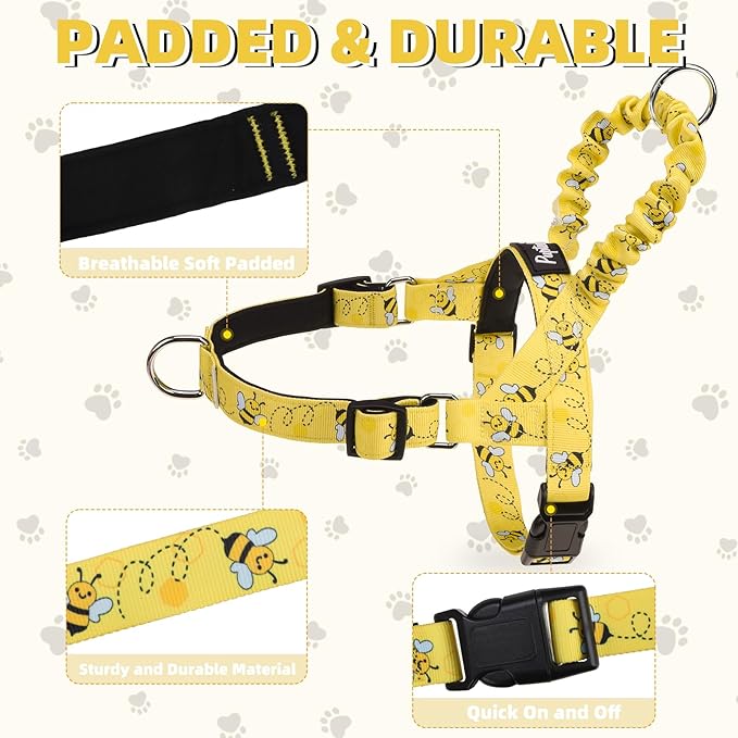 PUPTECK No Pull Dog Harness Small Sized Dog, Adjustable Reflective Pet Vest Harness with Bungee Handle, Escape Proof No Choke Harness for Small Dogs Walking Training, Yellow Bee S